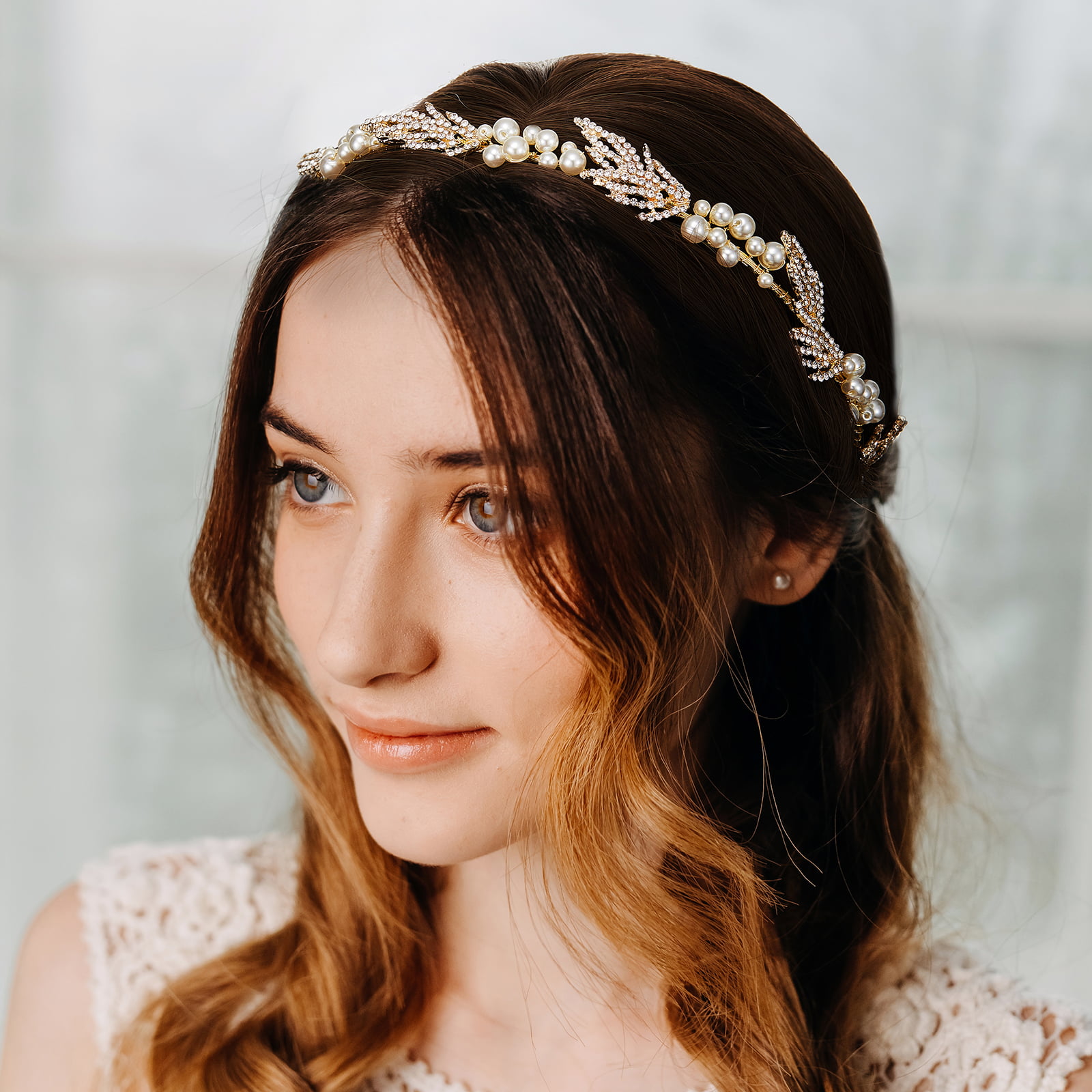 Central Chic Romantic Pearl Crystal Rhinestone Headband Leaf Tiara Wedding Hair Jewelry Accessories for Women