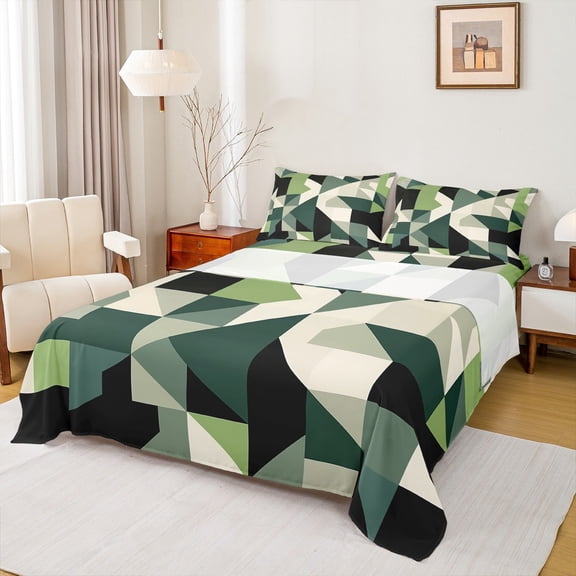 Manfei Vintage Green Square Twin Sheet Sets, Chic Triangle Geometric Twin Fitted Sheet, Abstract Ombre Flat Sheet, Ultra Soft Home Decor, 3pcs
