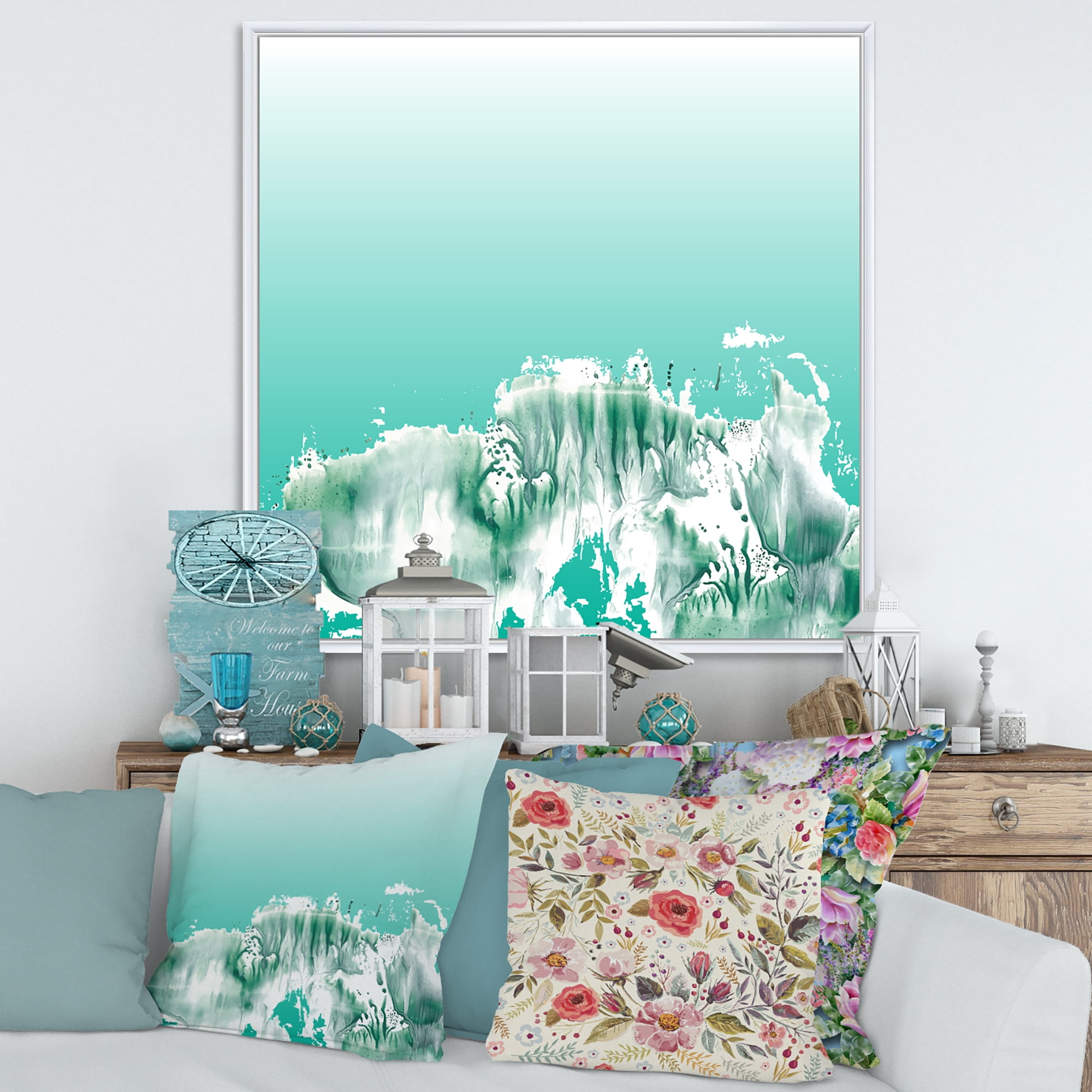 Designart 'Auquamarine Landscape Turquoise Splashes' Traditional Framed Canvas Wall Art Print