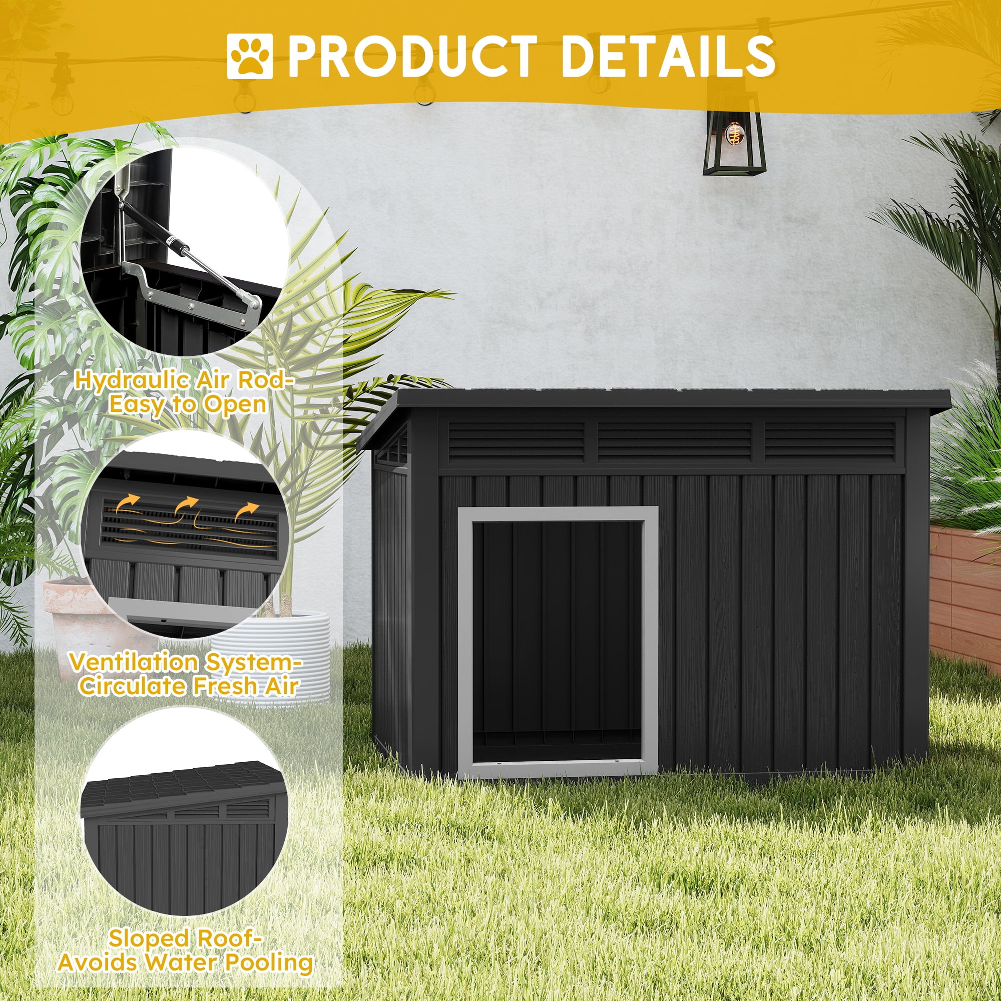Bifanuo Waterproof Dog House, Indoor Outdoor Kennel with Ventilated Design & Sloping Roof for Medium to Large Dogs, Easy to Clean Design Pet Shelter，PP Material, Black,42.8" L x 33" W x 31.5" H