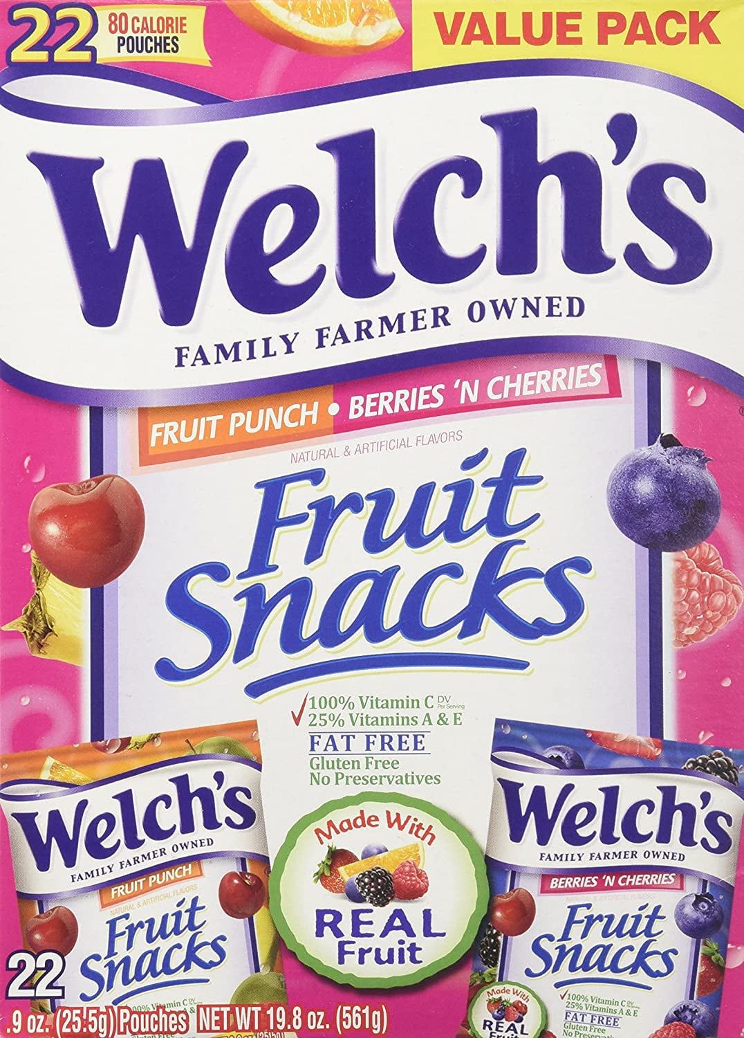 Fruit Snacks 22 Pouches Fruit Punch Berries N Cherries 0 9 Oz Walmart Com