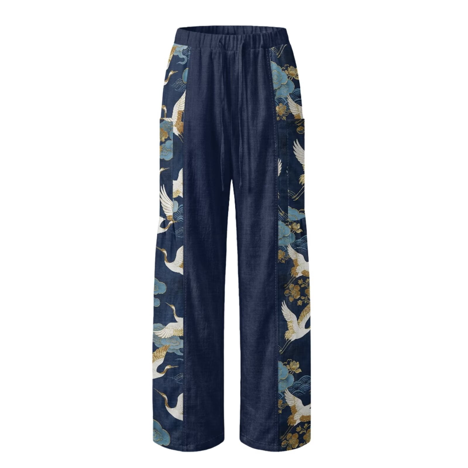 Yuyamidu Womens Linen Pants Beach Size 2XL Flowy Petite Palazzo Pants Wide Leg Lightweight Vacation Trousers Chinese Print Outfits, Chinese Bird Crane