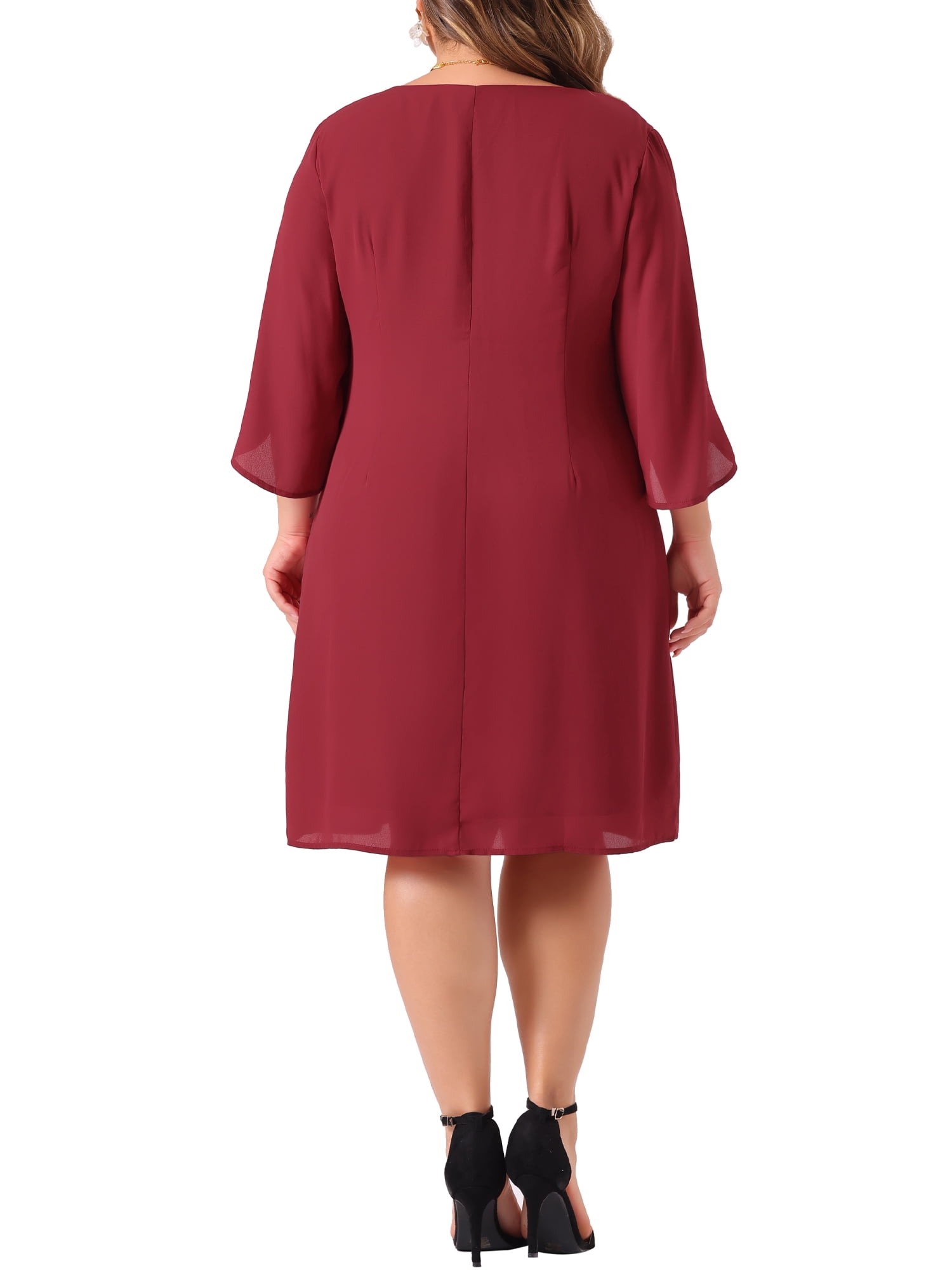 DARING DIVA Plus Size Chiffon 3/4 Flutter Sleeve Crew Neck Cocktail Dress 3X Burgundy