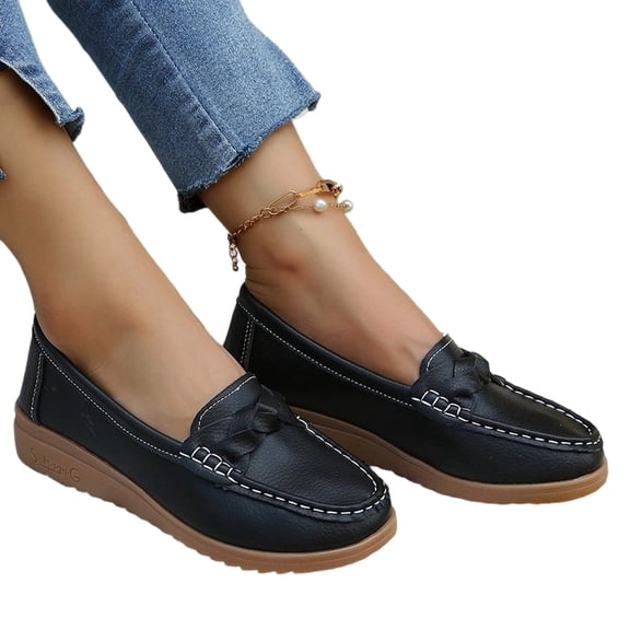 EKVAHL Women's Wedge Loafers, Orthopedic Slip On Flats Walking Shoes, Smooth Leather Bow Detail Arch Support Lightweight Office Beach Daily Dress Shoes Black