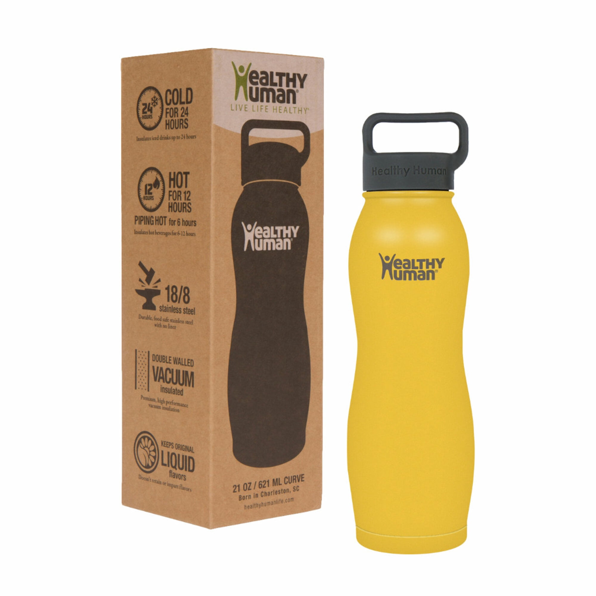 Healthy Human Stainless Steel Curve Water Bottle | 100% BPA Free Thermos for Kids & Adults | Double Walled Vacuum Insulated | Metal Bottles with Leak Proof Lid (21 oz/ 621 ML, Limoncello)