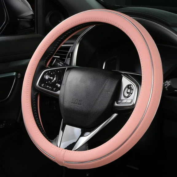 Pink Leather Steering Wheel Cover Fiber Strip Car Steering Wheel Cover Universal 15 inch for Women Girls