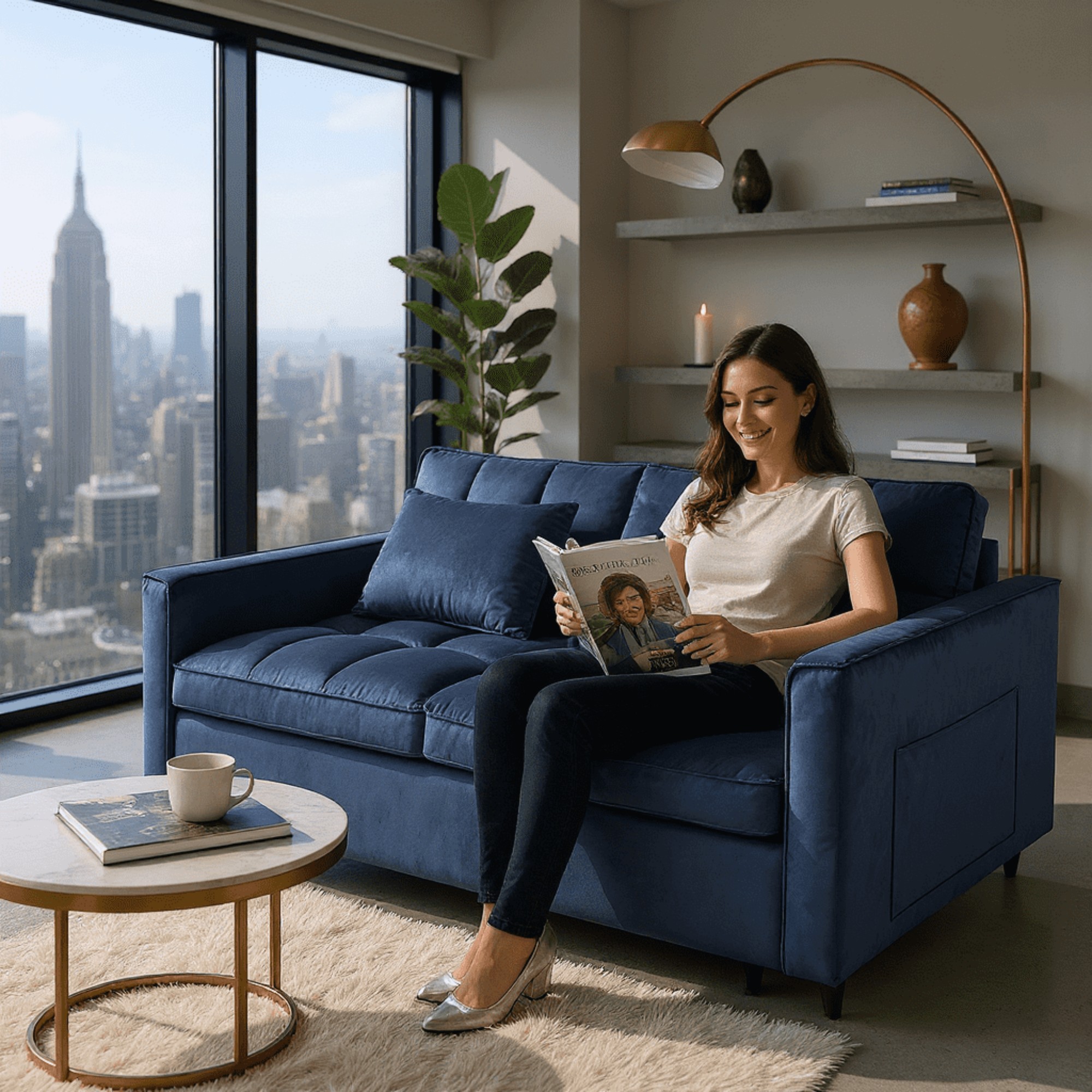 BSHTI 51.1" Pull-Out Sleeper Sofa Bed, Twin-Size Fold Out Sleeper, With 3 Angles Backrest Reclined, Velvet Upholstery, Side Storage Pocket and Two Pillows, Blue