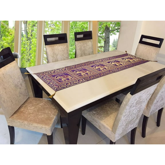 Stylo Culture Brocade Jacquard Center Table Runner Purple Rectangular Bohemian Ethnic Table Home Decor Elephant Floral Traditional Dining Table Cloth | 60x16 Inches ( 152 x 40 cm)