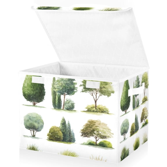 Foldable Fabric Storage Bin With Handle Collapsible Basket Box Storage With Lid Organizer Green Bushes