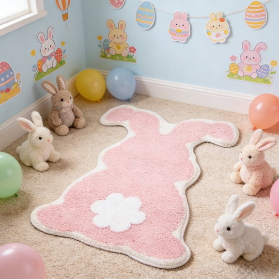 Seyotauo Easter Spring Bunny Tail Plush Cotton Rug Spring Rabbit Floor Mats Bath Rugs Non Slip Area Rug for Bedroom Living Room Home Decor 16" X 24"