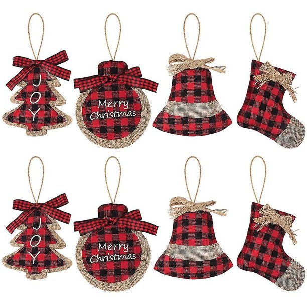 Wow A Decoraciones navideñas Adorno para árbol, 8 Piezas Adornos Colgantes de Arpillera con Costuras a Cuadros a Cuadros de búfalo Rojo y Negro, Colgante en Forma de Media de Campana con Bola de árbol