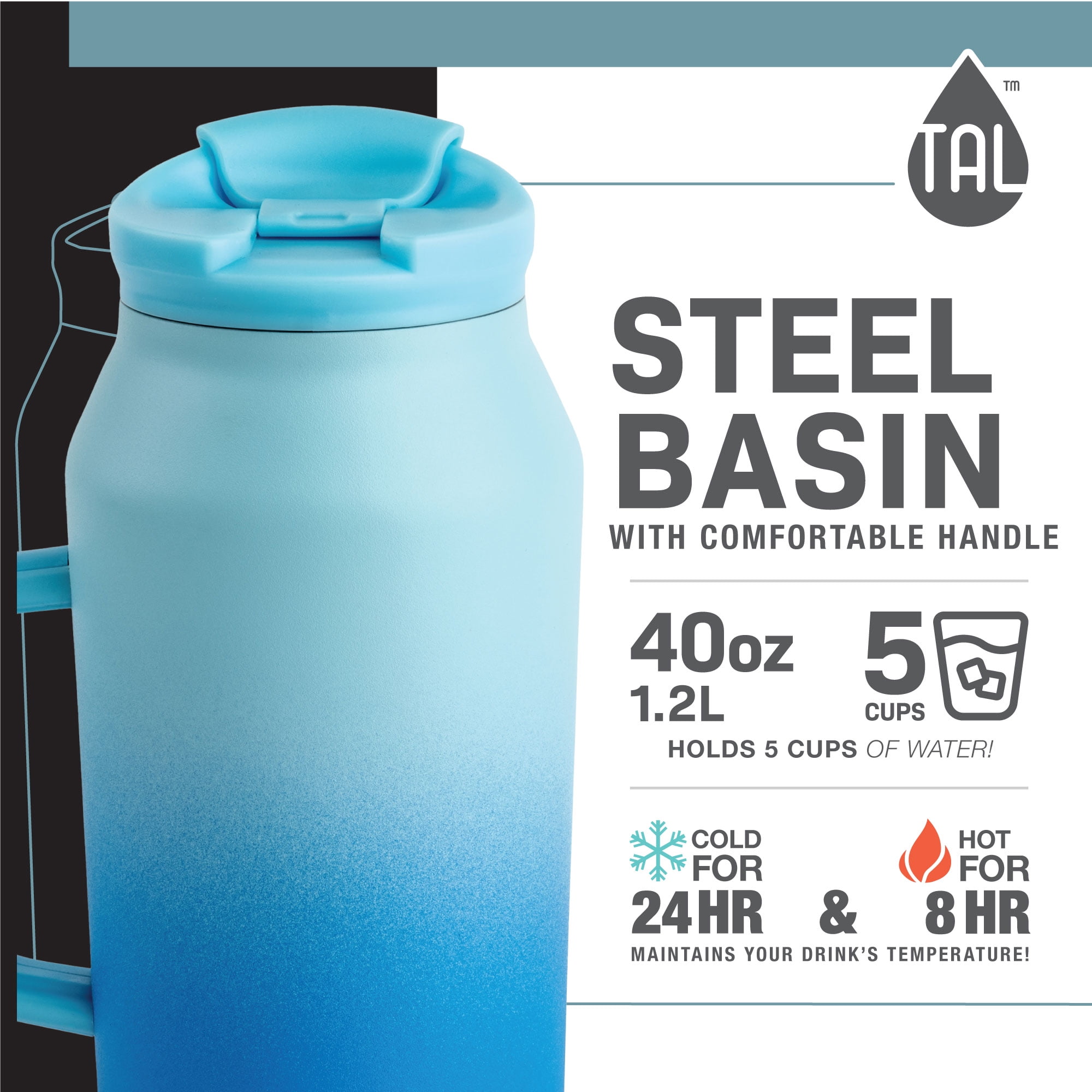 TAL Stainless Steel Basin Water Bottle 40 fl oz, Blue Ombre