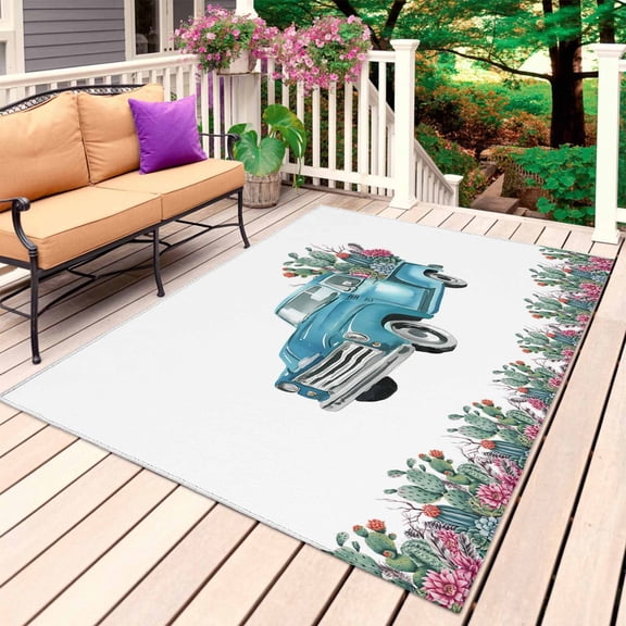 Summer Tropical Plants Outdoor Rug 6x9 Ft, Non Slip Washable Area Rug, Turquoise Truck Cactus Flowers Patio Rugs Carpet Runner, Large Floor Mat for Indoor/Outdoor Deck Porch Camping