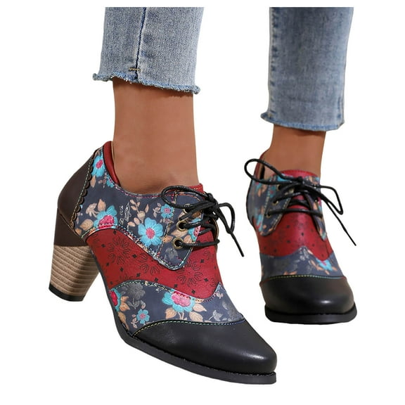 Womens Ethnic Dress Ankle Boots Boho Floral Leather Pointed Toe Lace up Stacked Heels Oxfords Combat Booties