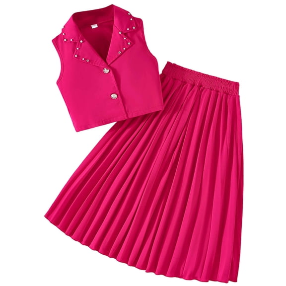 Avrntaa Little Girls Casual 2 Pieces Set Button Lapel Vest Pleated A-line Long Skirt Summer Outfits for 2-8Y