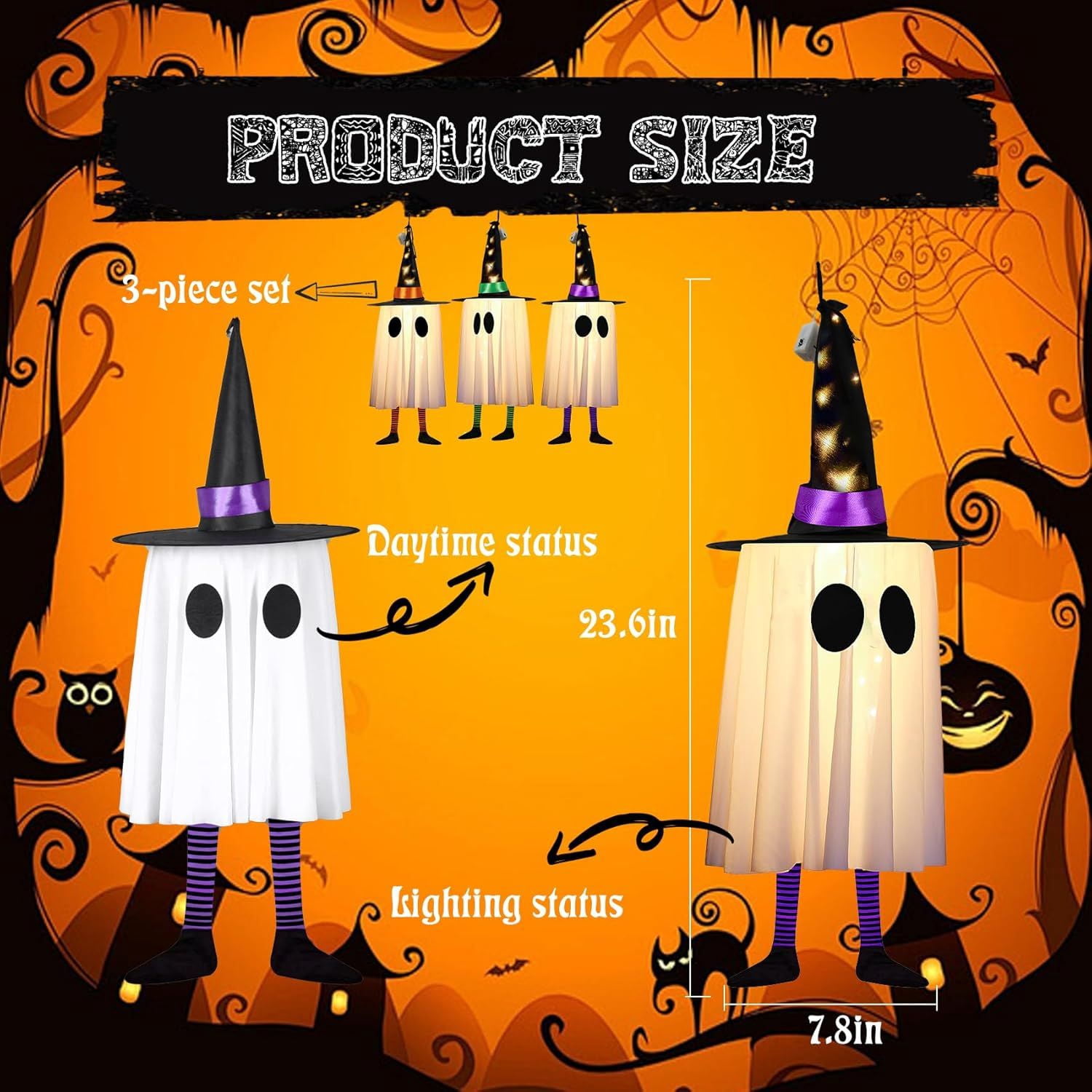 3 Pack Light Up Witch Hat Decorations with Floating Design for Halloween