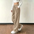 thumbnail image 6 of Women's Corduroy Wide Leg Long Pants Elastic Drawstring Waist with Pockets Soft Stretchy Loose Fit Casual Full Length Trousers for Fall Winter Khaki, 6 of 7