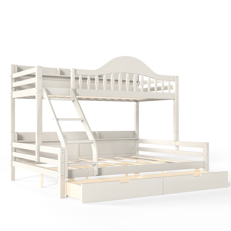 Twin XL Over Queen Bunk Bed with Storage Drawers, Solid Wood Bunk Bed Frame with Curved Guardrails, Side Storage Shelves and Ladder, No Box Spring Needed