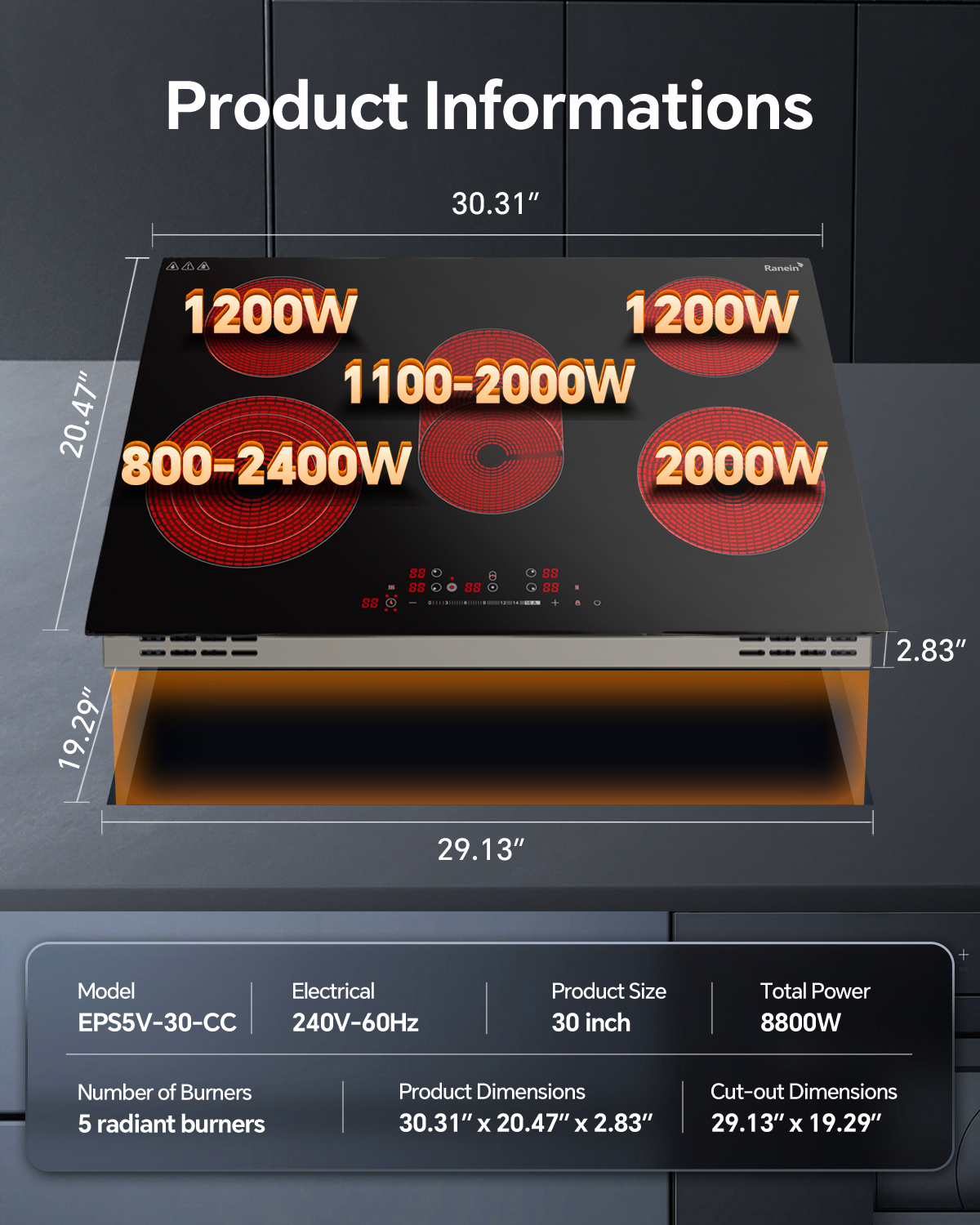 Electric Cooktop with 5 Burners, 30 inch 8800W 240V Ceramic Panel Electric Cooktop, Multiple Safety Protections Stove, Touch Screen