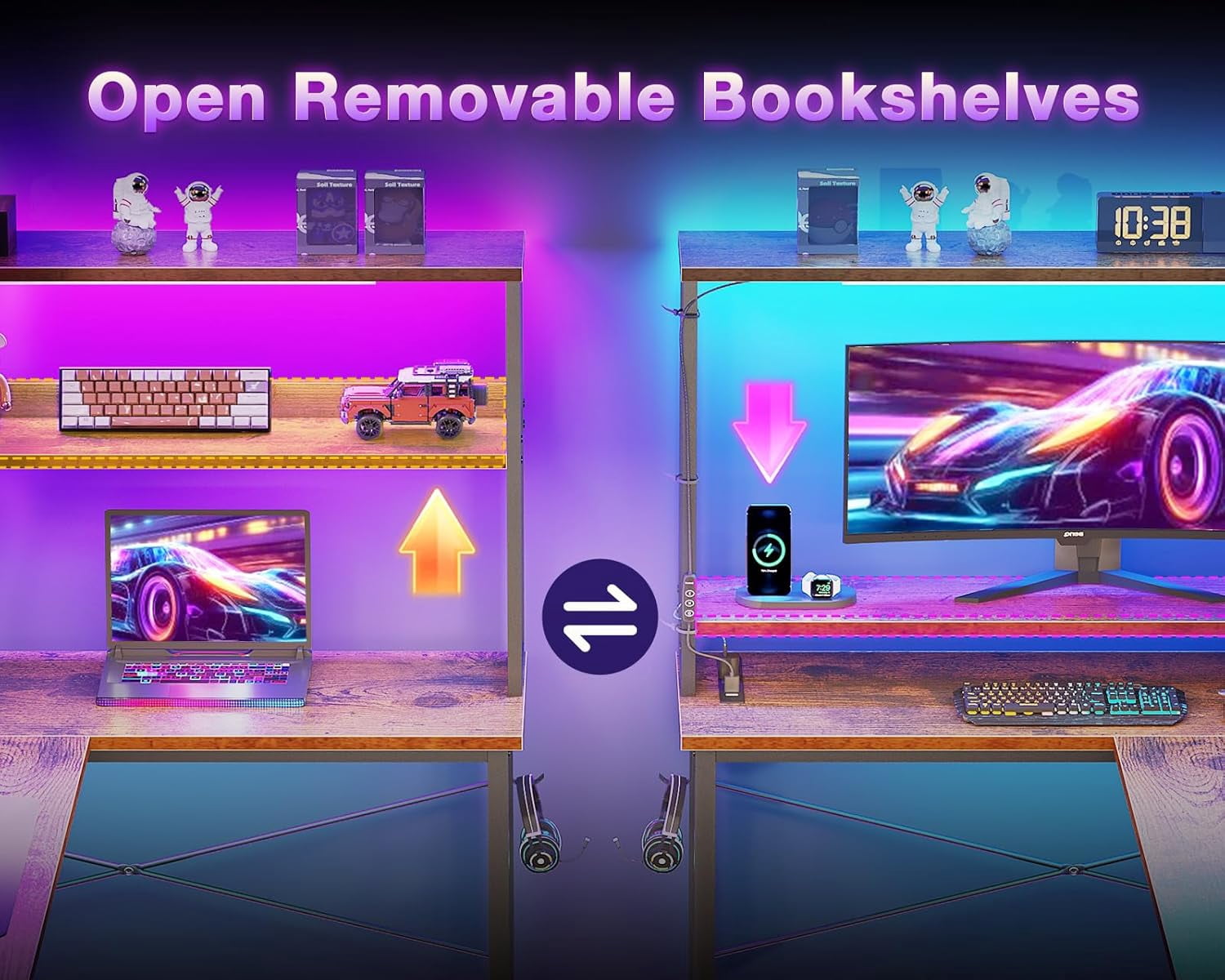 53 Inch L Shaped Desk with LED Lighting, Reversible Gaming Desk with Power Outlets, Cornor Computer Table with Storage Shelves & Bag & Iron Hook, Home Office Table for Writing, Study, Vintage