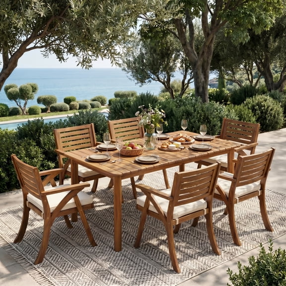 Christopher Knight Home 7-Piece Extendable Wood Outdoor Dining Table with Cushioned Chairs, Teak Cream