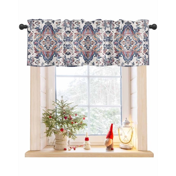 Valances for Windows, Bohemian Vintage Blue Red Floral Pattern Rod Pocket Short Window Valance Curtains Holiday Window Treatment for Kitchen Living Room Bathroom, 54"x18"