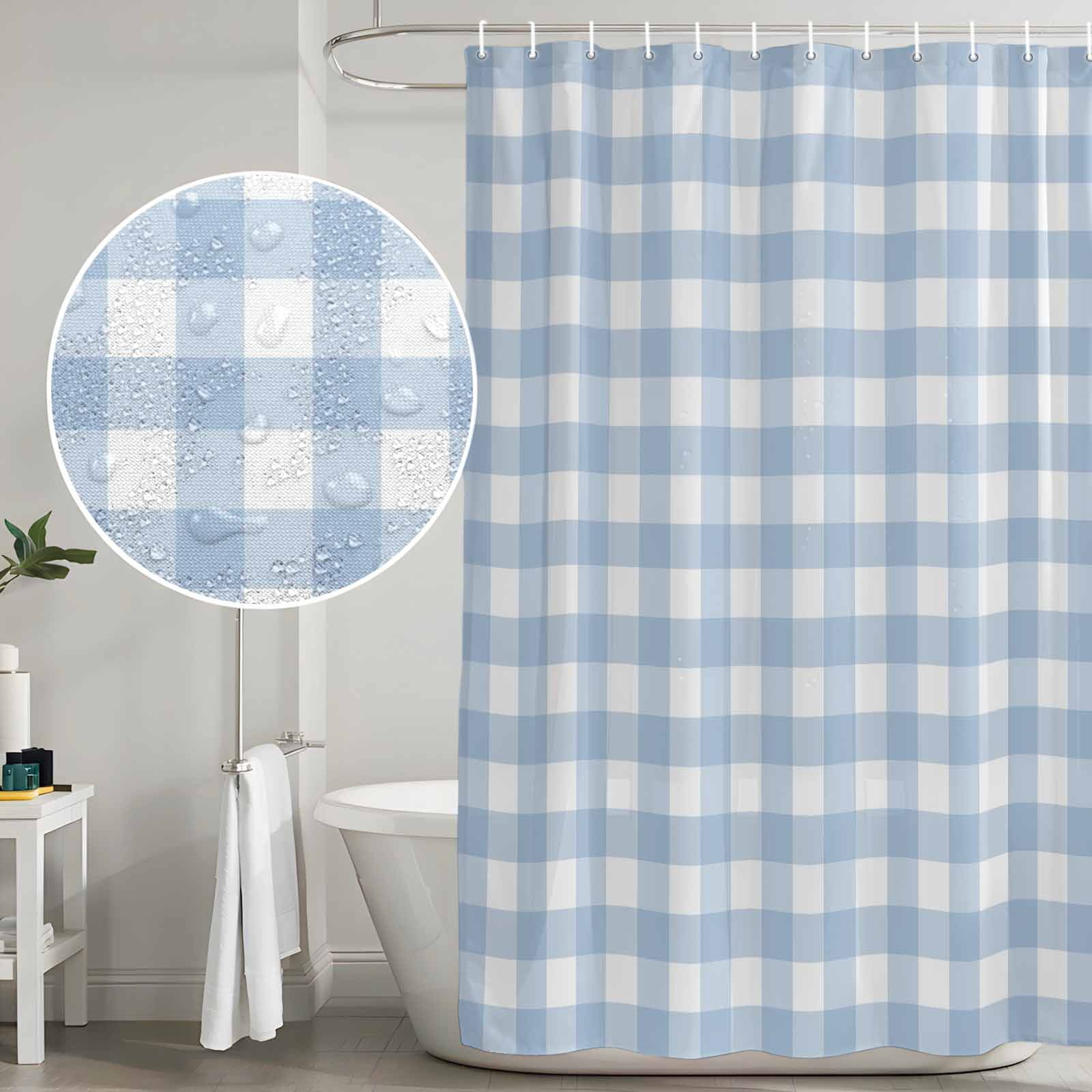 Light Blue Plaid Shower Curtain, Waterproof Shower Curtains for Bathroom, Modern Minimalist Country Washable Fabric Bathtub Curtain Set Bath Decor with 12 Hooks Extra Long 72"x96"