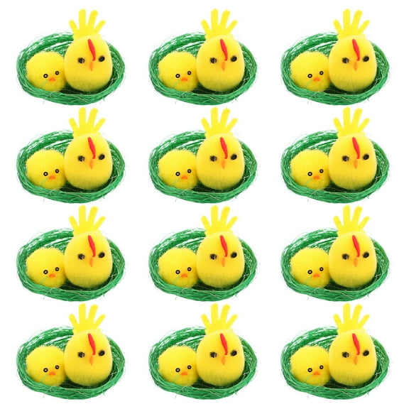 WHAMVOX 12pcs Miniature Chickens with Nest Set Simulation Realistic Stuffed Animal Chicken Soft Plush Chick Ornaments Easter Party Favors Kids Room Decoration