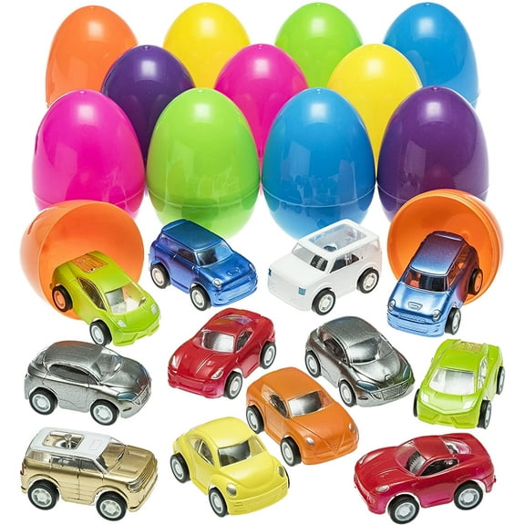 Prextex Easter Eggs Filled with Mini Pull Back Vehicles, Filled Easter Eggs Set with Mini Cars Inside, Prefilled Easter Eggs, Egg Toys, Eggs with Toys - 12 Pack, Egg Hunt or Kids Easter Party