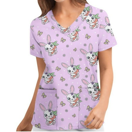 

Genuiskids Easter Womens Scrubs Tops T-Shirt Easter Eggs Bunny Print V Neck Short Sleeve Medical Scrub Shirts Working Uniform Wear with Pockets Red