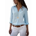 thumbnail image 2 of Women Lapel Button Down Chiffon Shirts Solid Color Office Blouse Casual Long Sleeve Tops Light Blue M, 2 of 8