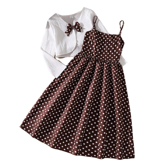 ZXLBBD Girls' Elegant Summer Polka Dot High Waist Sleeveless Dress with Long Sleeve Cardigan Fashion Party Wedding Clothing Sets,Brown,Size 10 Y-11 Y