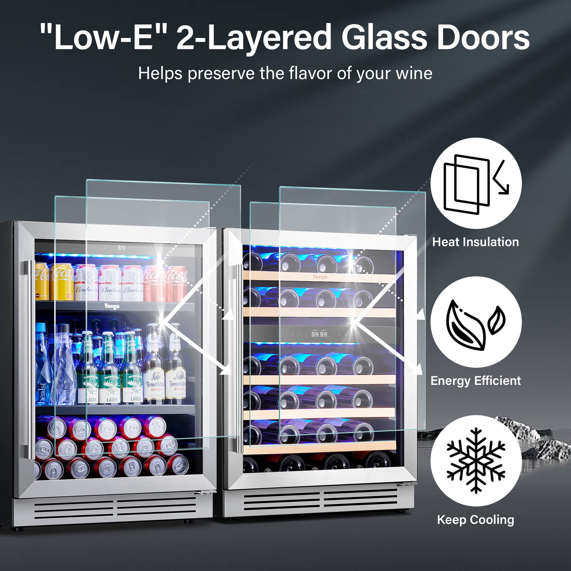 Yeego 48" Wine Cooler and Beverage Refrigerator - 2×24'' Wine Cooler Side by Side - Dual Zone Under Counter Fridge, Hold 140 Cans and 46 Bottles