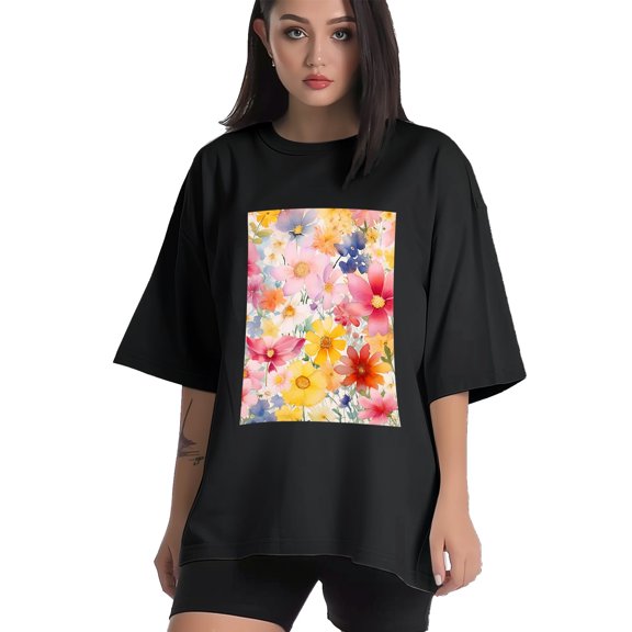 Plus Size Shirt for Women Black Tops for Women Short Sleeves Shirt for Women Flowers T Shirt Crewneck Shirt for Women XS