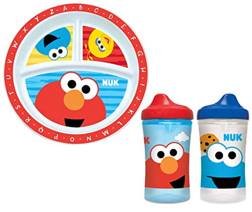 NUK Sesame Street Three Section Plate and Two Hard Spout Sippy Cups (Bundle of 3)