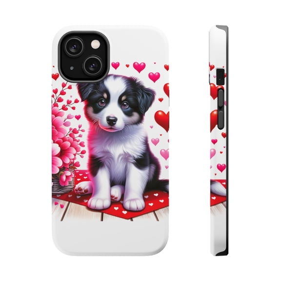 DistinctInk Tough Case for Apple iPhone 15 PLUS (6.7" Screen), Compatible with MagSafe Charging - Valentine's Day Border Collie Puppy