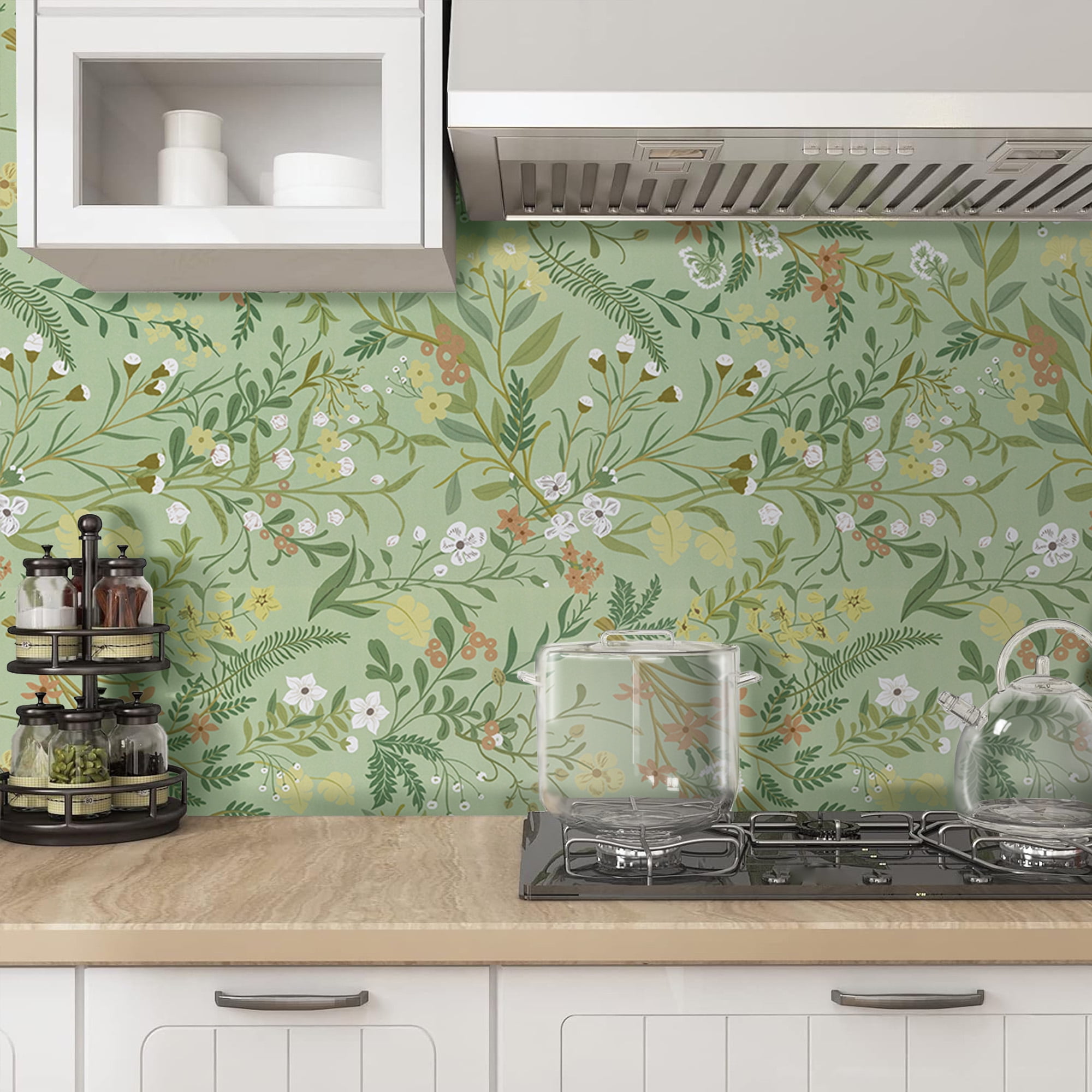 Abyssaly Green Floral Peel and Stick Wallpaper 17.3" × 393.7" Removable Self-Adhesive Green Vinyl Wallpaper for Home Decor