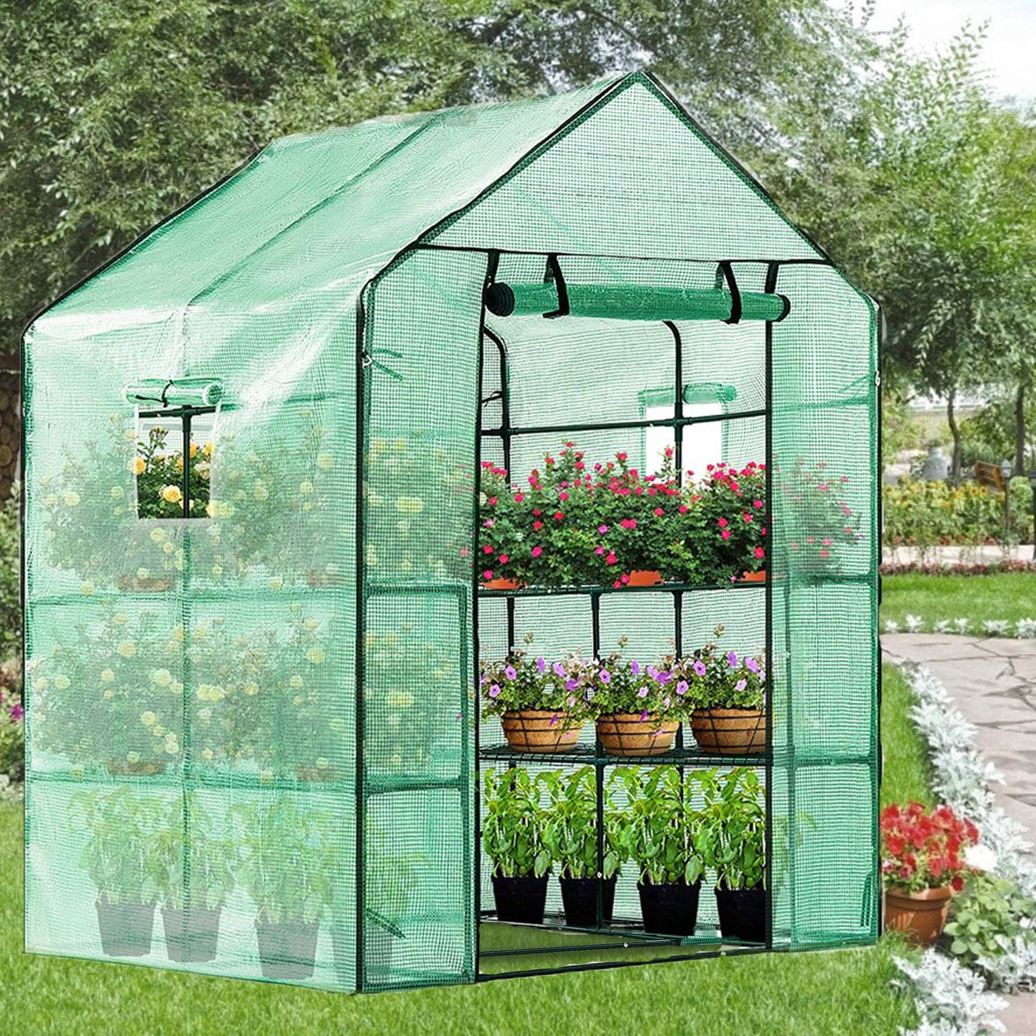 Glitzhome Portable PE Green Houses Mini & Larger Walk-In Outdoor Plant Gardening 