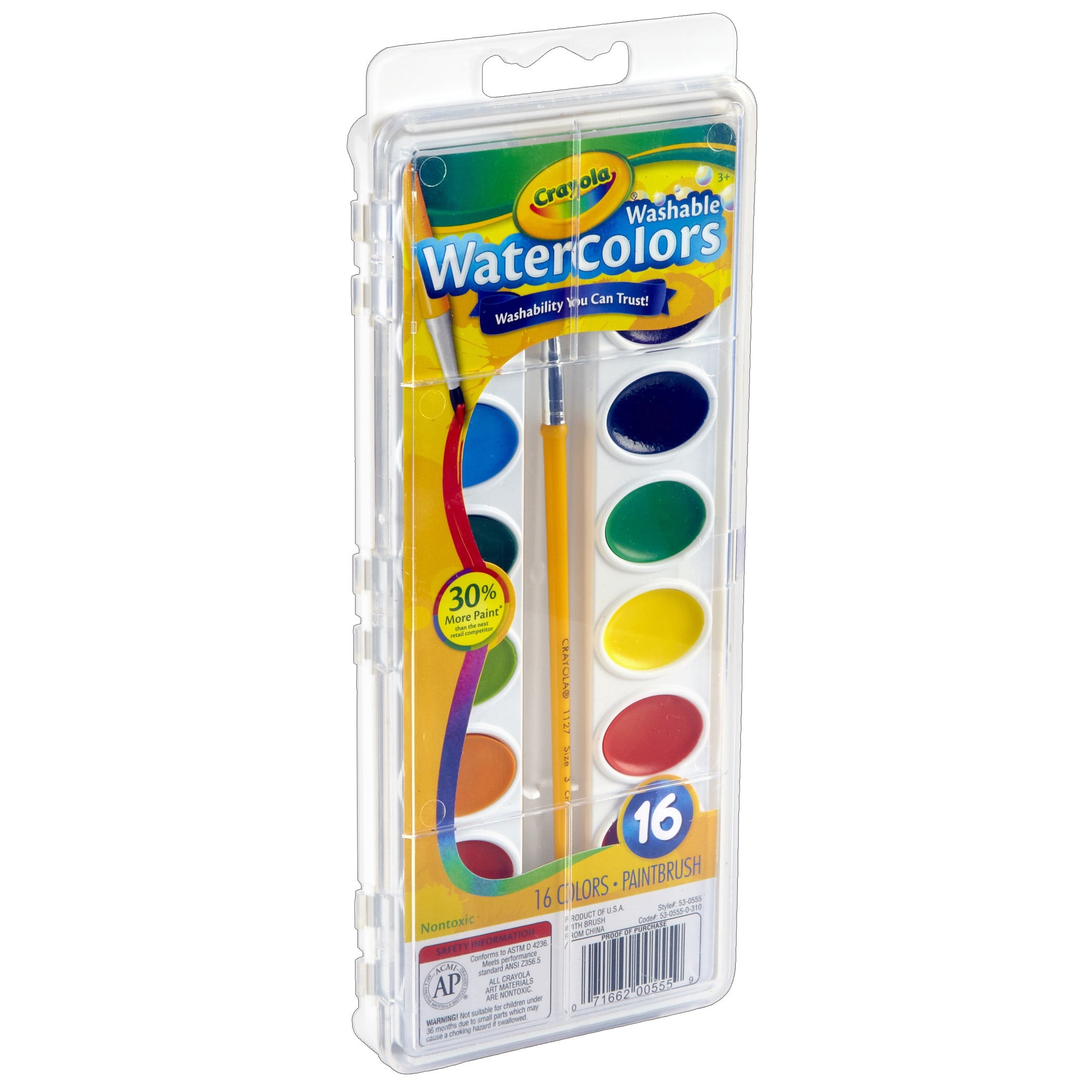 Crayola Washable Watercolors, 16 Semi-Moist Oval Pans & Brush, 6 Sets