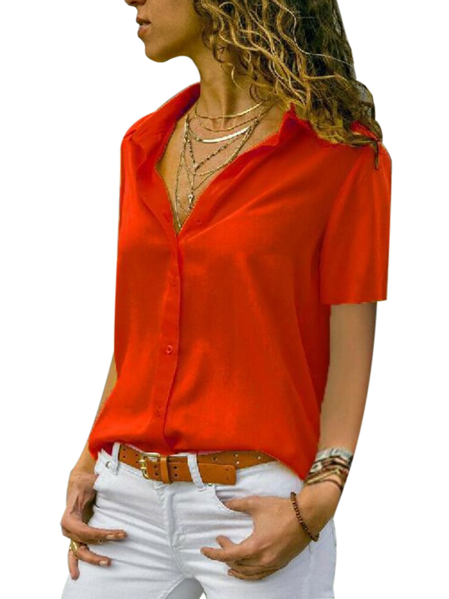Female Summer V Neck Solid Button Casual Shirt Girl Style Tops Womens Short Sleeve Fashion Solid Color Short T-Shirt 