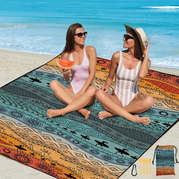 Waterproof Sandproof Beach Blanket Mat for 4-8 People, Portable with Carry Bag Stakes Anti-Loss Clips