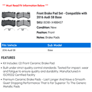Front Brake Pad Set - Compatible with 2016 Audi S8 Base
