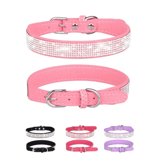 Dog Collar for Small Dogs, Adjustable Leather Suede Bling Dog Collars,Pink Dog Collar Cat Collar, Rhinestone Dog Collar(S, Pink)