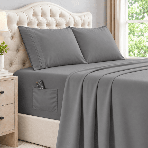 Queen Size Sheet Set, Soft Microfiber 4 Piece Hotel Luxury Bed Sheets with Deep Pockets, Embroidered Pillow Cases, Side Storage Pocket Fitted Sheet, Flat Sheet (Gray)