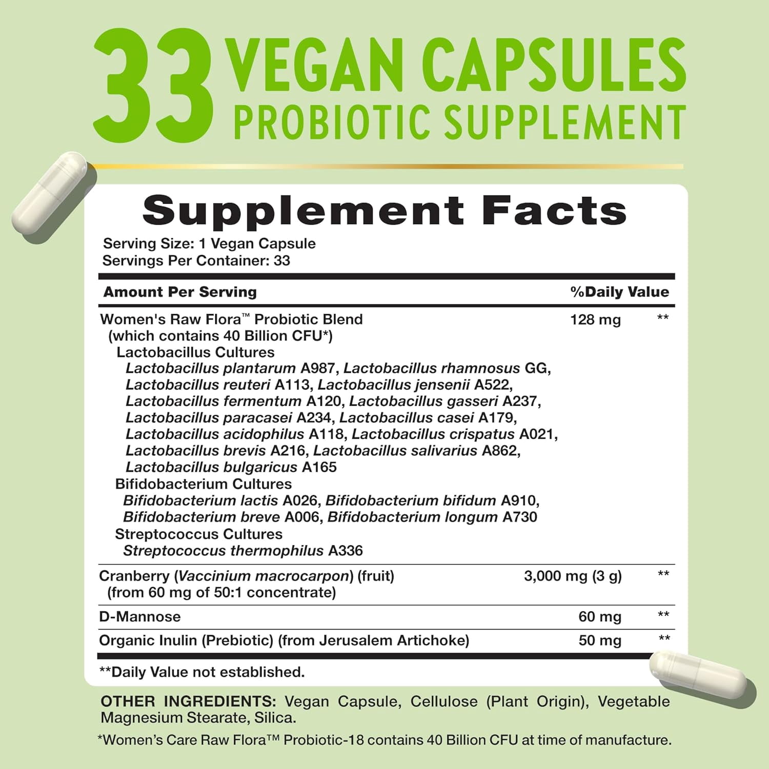 Raw Flora Probiotics for Women | 40 Billion CFU | 33 Vegan Capsules | with Cranberry & D-Mannose | by Nature's Truth