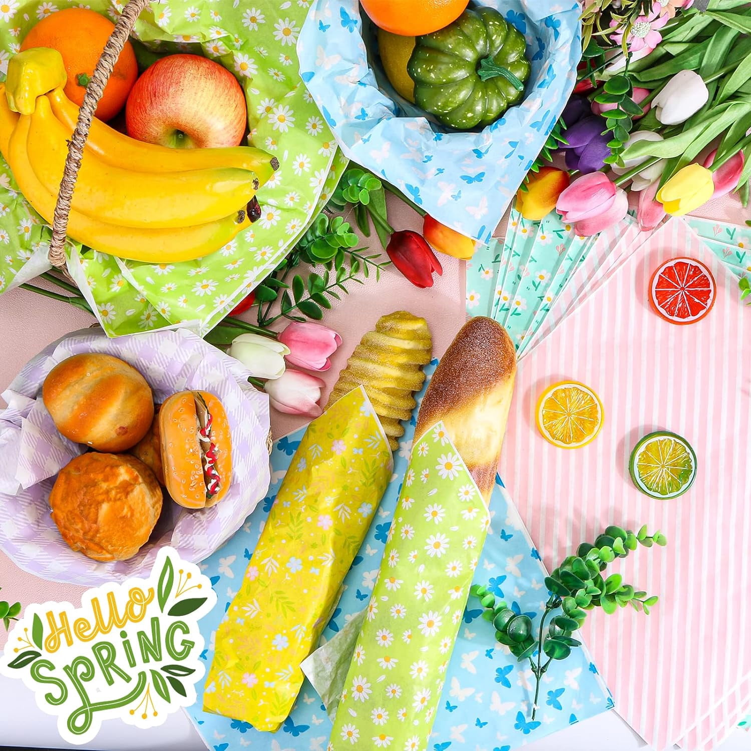 240Pcs Spring Wax Paper Dry Waxed Deli Paper Sheets 12x12 inch Sandwich Wrap Paper Floral Parchment Sheets Food Basket Liner Food Paper Sheets for Home Kitchen Picnic Spring Easter Tea Party Supplies