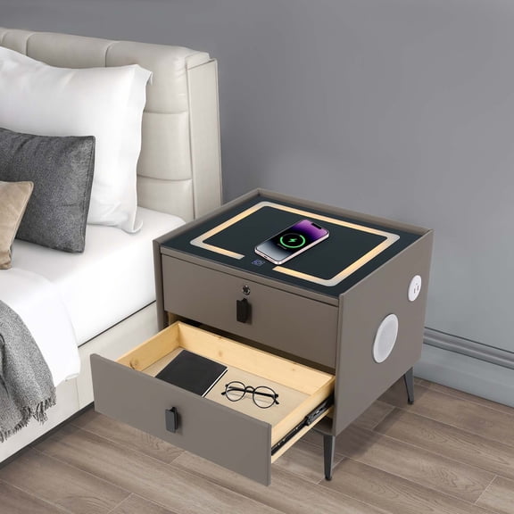1 PCS  Dark Grey Bedside Table with Drawers, Bluetooth Speaker Smart Bedside Table, Bedside Table with Light USB& Wireless Charging
