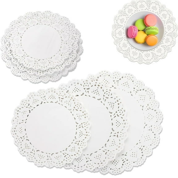 Tutuviw 150 Pcs Round Lace Paper Doilies,Disposable Decorative Paper Placemats,Table Paper Pad Mats for Buffet Cake Food Party Wedding Tableware Decoration(White,Assorted Size 4.5/6.5/8.5 inch)