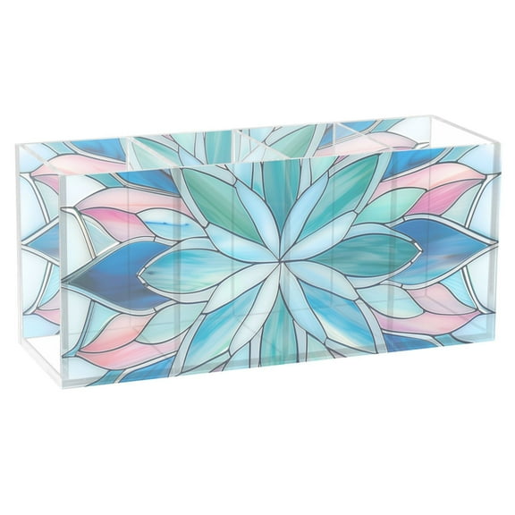 Blue Pink Floral Stained Glass Acrylic Pencil Pen Holder Cup 4 Compartments Desktop Organiser 7.87"x2.78"x3.54"