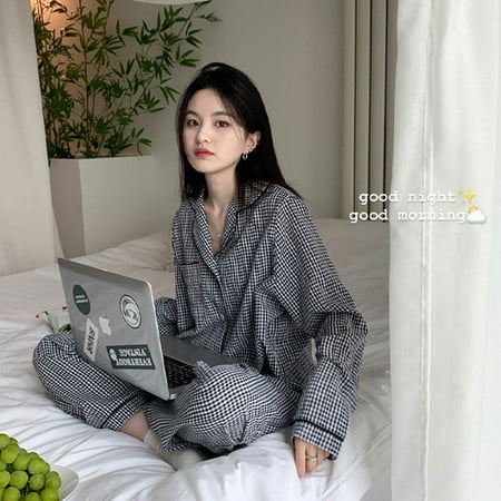 

Plaid Casual Pajama Sets Women Single Breasted Ins Japan Turn-down Collar Nightwear Spring Fall Elastic Waist Homewear New Mujer